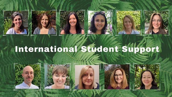 A collection of head and shoulder photos of the International Student Support team on a green, leafy background