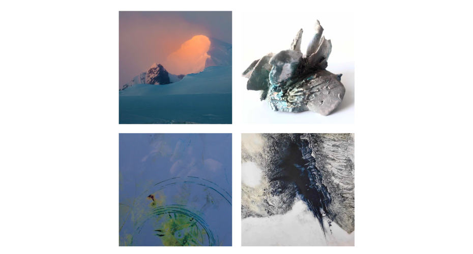 A collage of four images: the top left shows a mountain peak bathed in orange sunlight against a blue sky; the top right features a metallic mineral specimen; the bottom left is an abstract painting with blue and green hues and circular patterns; the bottom right is an abstract black and white artwork with textured details.