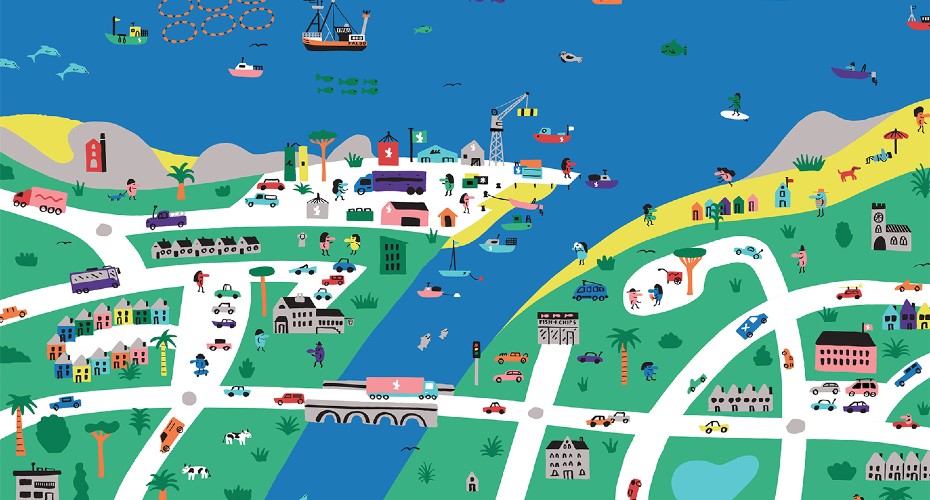 A colorful illustrated map of a coastal town with roads, cars, houses, buildings, and people. The map includes green land, a river, and an ocean with boats and sea life. It features farm animals, wind turbines, and various community activities, depicting a vibrant and diverse area.