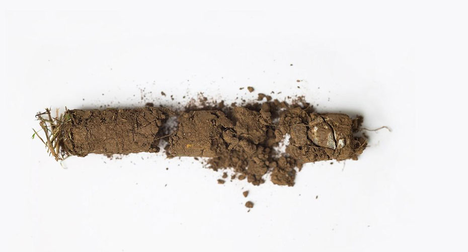 A soil core sample broken into three segments against a white background. The sample shows the layers of soil, including small roots and plant material at one end, with a mix of soil and small rocks. The earthy texture and composition highlight the different components and structure of soil from an uncut field.