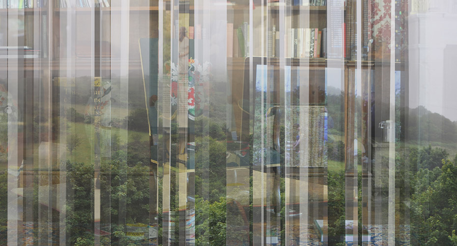 A composite artwork blending images of bookshelves and lush green landscapes. Vertical lines and layers intersect, creating a fragmented, almost transparent effect. The piece juxtaposes elements of an indoor library with outdoor nature scenes, merging them into a cohesive, abstract visual experience.