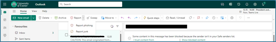 Screenshot showing how to report phishing from the browser version of Outlook